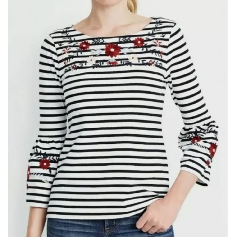 J Crew Floral Embroidered Striped 3/4 Bell Sleeve Cotton Blouse Womens Large